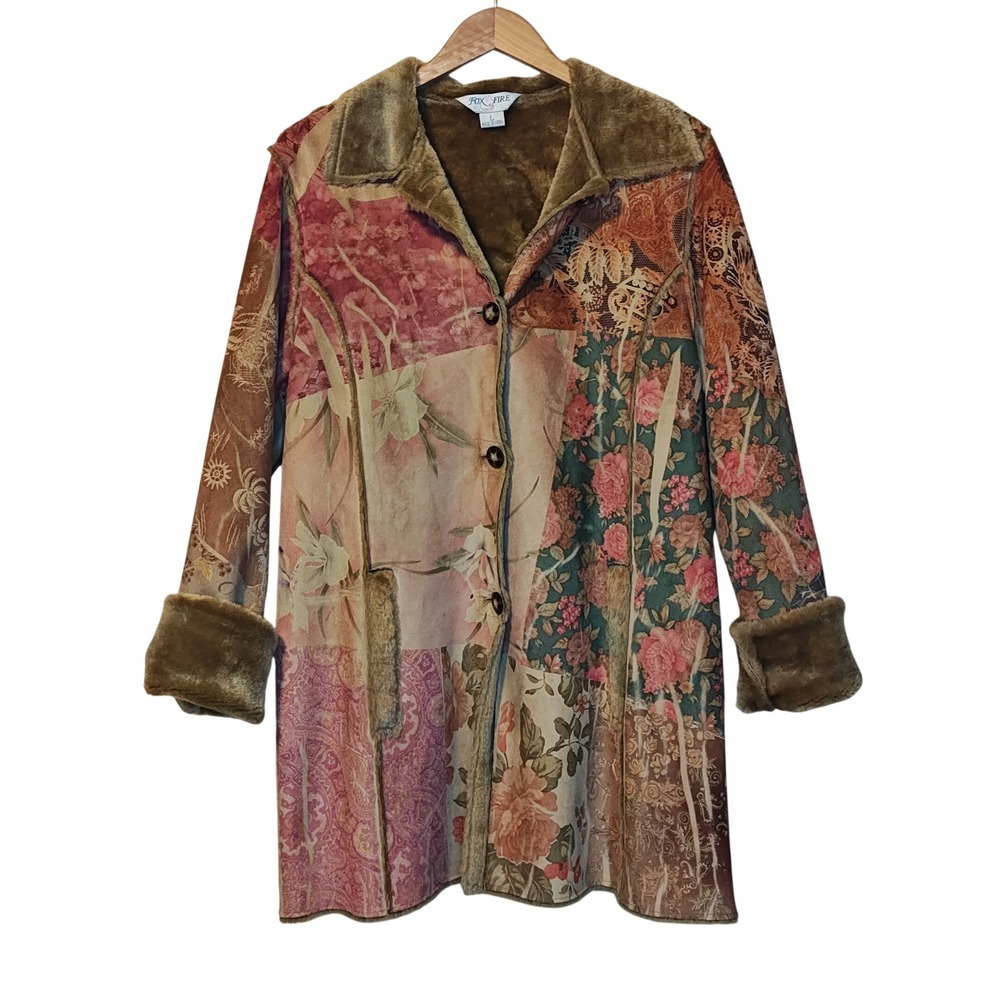 Fox Fire Patchwork Coat Women L Multicolor Floral Faux Fur Lined Boho Suede Styl